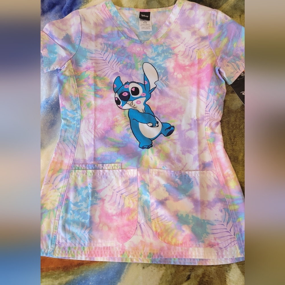 Colorful Tie-Dye Cartoon Print Scrub Top